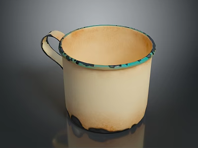 Cream Colored Ceramic Cup With Blue Black Rim Base And Curved Handle 3d model