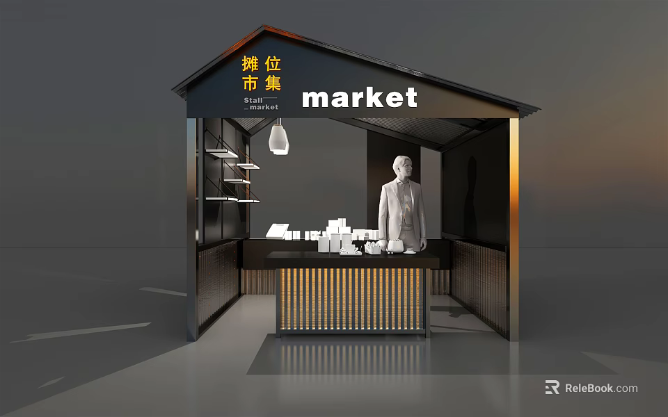 Modern Market Stall Design With Canopy Shelves And Display Items 3d model