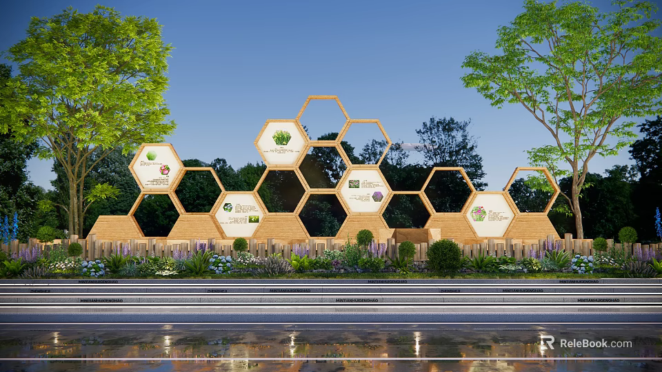 Hexagonal Wooden Garden Decor Structure with Plant Illustrations Surrounded by Green Plants and Flowers 3d model 