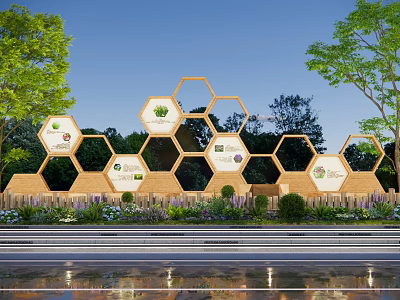 Hexagonal Wooden Garden Decor Structure with Plant Illustrations Surrounded by Green Plants and Flowers 3d model
