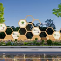 Hexagonal Wooden Garden Decor Structure with Plant Illustrations Surrounded by Green Plants and Flowers