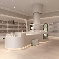 Minimalist White Shoe Store Interior Design With Round Central Island And Shelves Displaying Shoes