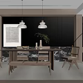 Modern Warm Toned Restaurant Interior With Wooden Dining Table Chairs Pendant Lights And Green Plant