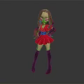 3D Cartoon Female Game and Movie Character with Red Dress Black Boots and Long Brown Hair