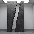 Black Cracked Wall In White Room With Gray Tiled Floor And Ceiling Lights