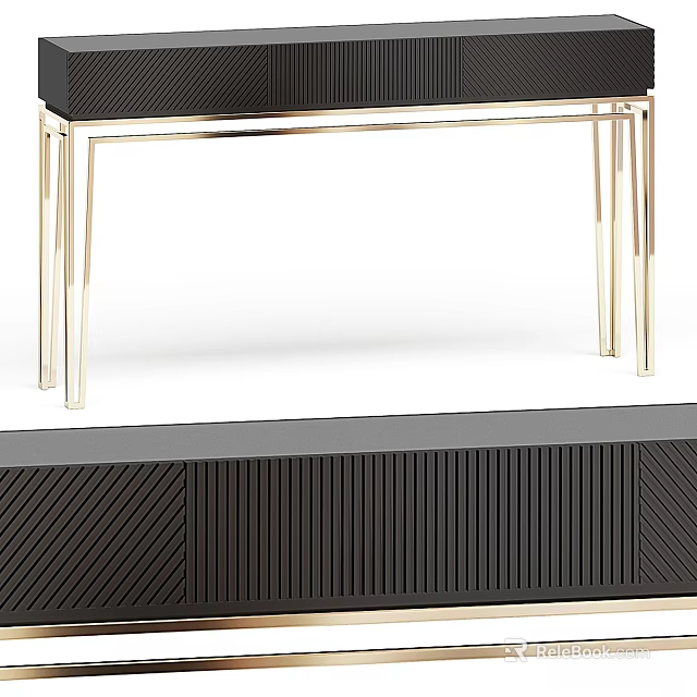 Modern Black Dining Table With Gold Metal Legs And Textured Surface 3d model 