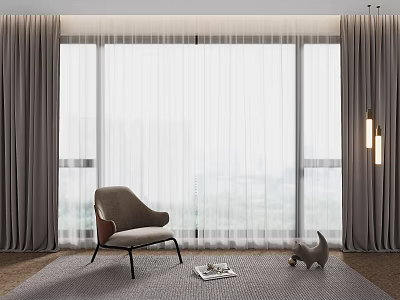 Elegant Thick Gray Curtains With White Sheer In Modern Bright Living Room 3d model