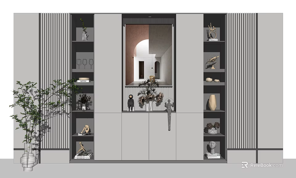 Modern Bookcase Design With Open Closed Storage Shelves And Decorative Display Items 3d model