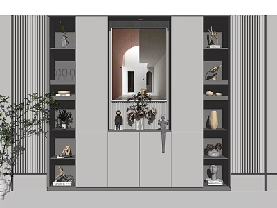 Modern Bookcase Design With Open Closed Storage Shelves And Decorative Display Items 3d model