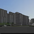 Modern High Rise Residential Buildings with Exterior Window Design and Landscaped Surroundings Including Parking Area