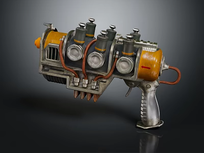 Futuristic Sci Fi Weapon With Mechanical Design Multiple Metallic Barrels And Orange Gray Color 3d model
