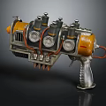 Futuristic Sci Fi Weapon With Mechanical Design Multiple Metallic Barrels And Orange Gray Color