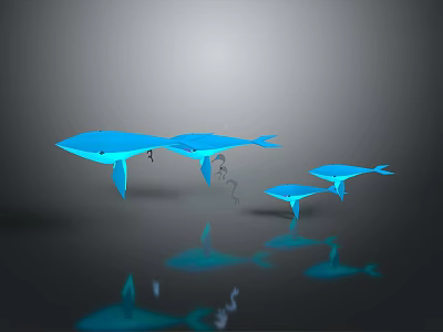 Four Blue Whales in Various Sizes Against Gray Background with Reflections 3d model