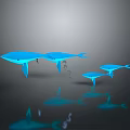 Four Blue Whales in Various Sizes Against Gray Background with Reflections
