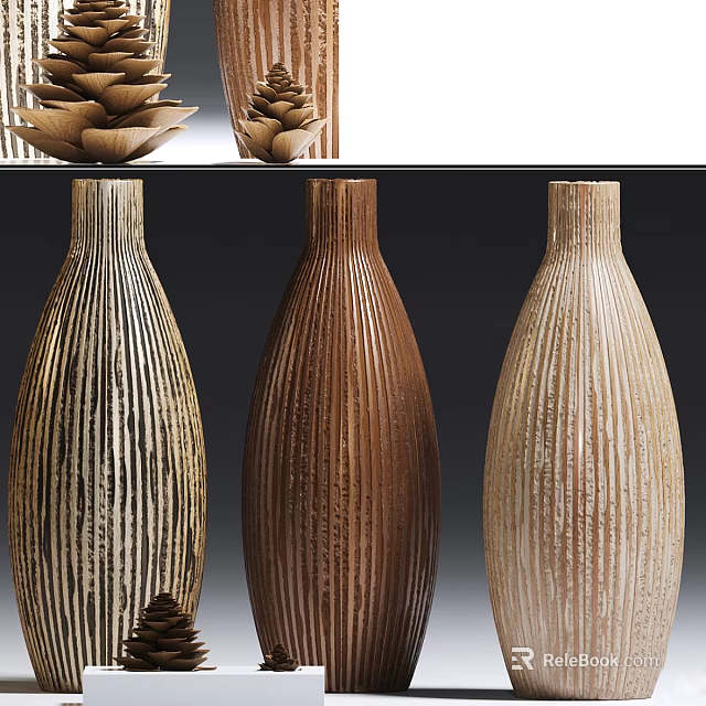 Three Decorative Wooden Vases With Striped Texture In Various Colors For Home Decor 3d model 