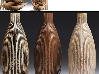 Three Decorative Wooden Vases With Striped Texture In Various Colors For Home Decor 3d model
