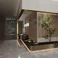 Modern Hotel Corridor With Wooden Screens Green Plants Pendant Lights And Marble Floor