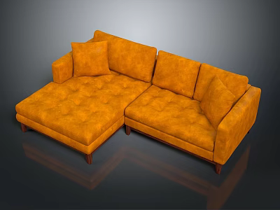 Modern Orange Tufted Sectional Sofa With Plush Cushions And Wooden Legs 3d model