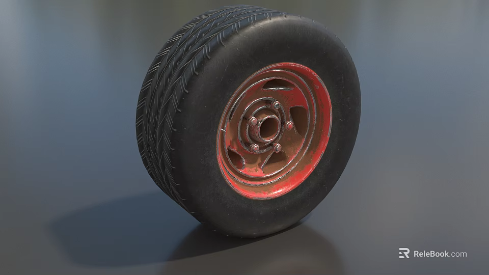 Car Tire With Black Tread Red Rim And Detailed Metal Texture Design 3d model 