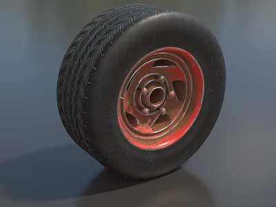 Car Tire With Black Tread Red Rim And Detailed Metal Texture Design 3d model