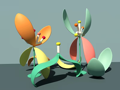 Colorful Abstract Plant Shaped Decorative Ornaments With Vibrant Petals And Stems 3d model