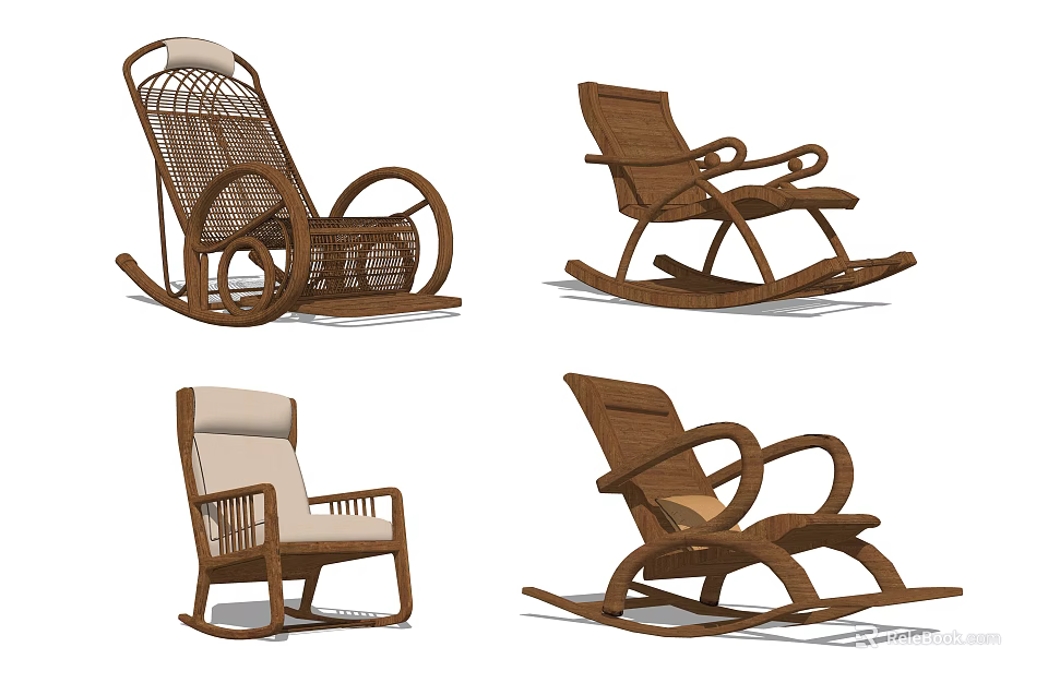 Ergonomic Rattan And Wooden Rocking Leisure Chairs With Comfortable Cushioned Backrests And Armrests 3d model 