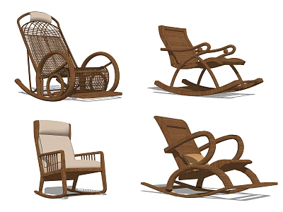 Ergonomic Rattan And Wooden Rocking Leisure Chairs With Comfortable Cushioned Backrests And Armrests 3d model