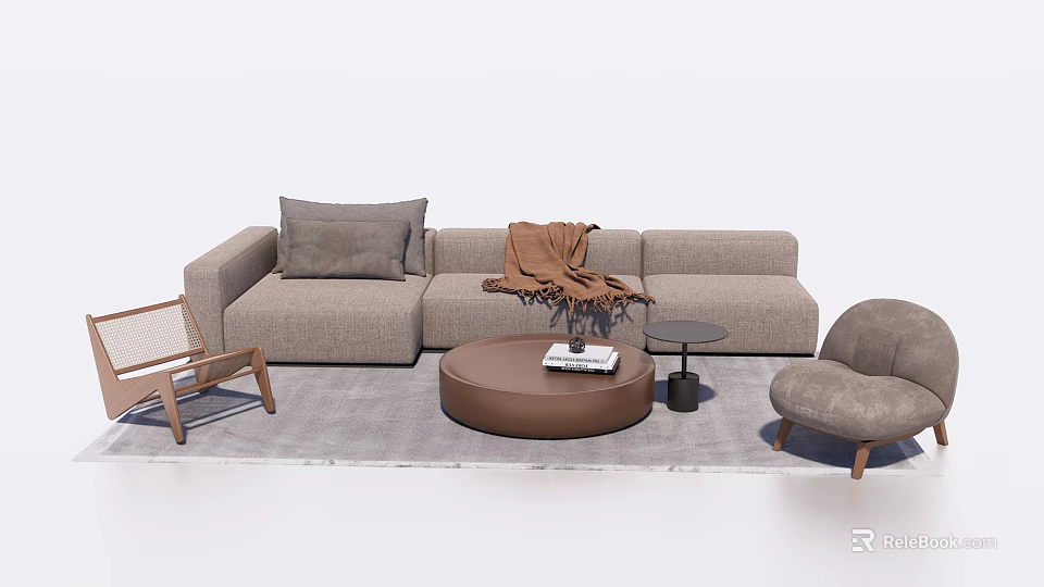 Modern Beige Sofa with Throw Pillows Woven Blanket and Round Brown Coffee Table Set 3d model