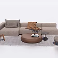 Modern Beige Sofa with Throw Pillows Woven Blanket and Round Brown Coffee Table Set 3d model