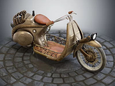 Vintage Motorcycle With Brown Leather Seat And Metal Frame On Stone Paved Ground 3d model