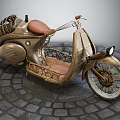 Vintage Motorcycle With Brown Leather Seat And Metal Frame On Stone Paved Ground