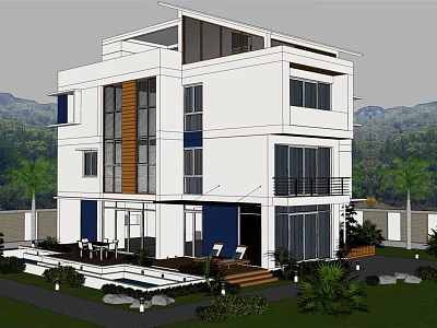 Modern Single Family Villa Exterior With Large Glass Windows Courtyard And Mountain View 3d model