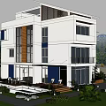 Modern Single Family Villa Exterior With Large Glass Windows Courtyard And Mountain View