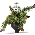 Natural Flower Arrangement in Dark Ceramic Vase with Green Leaves and Purple Blooms