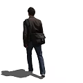 Man Walking With Backpack Wearing Brown Jacket Gray T-shirt And Blue Jeans