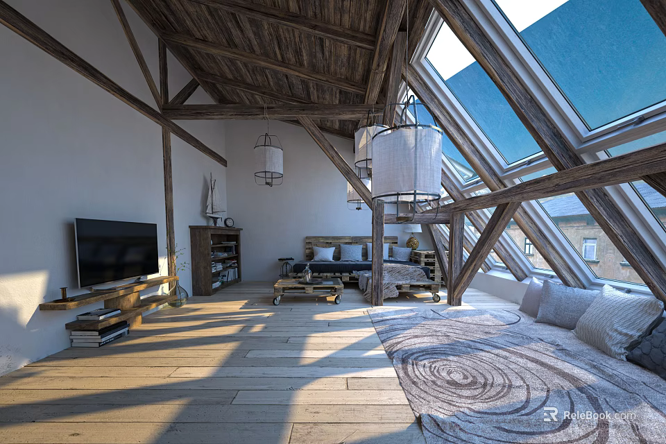 Sunlit Living Room With Exposed Wooden Beams Skylights Sofa TV And Area Rug 3d model 