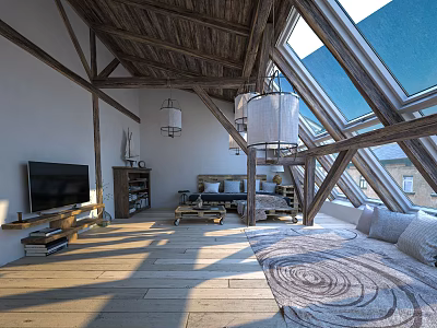 Sunlit Living Room With Exposed Wooden Beams Skylights Sofa TV And Area Rug 3d model