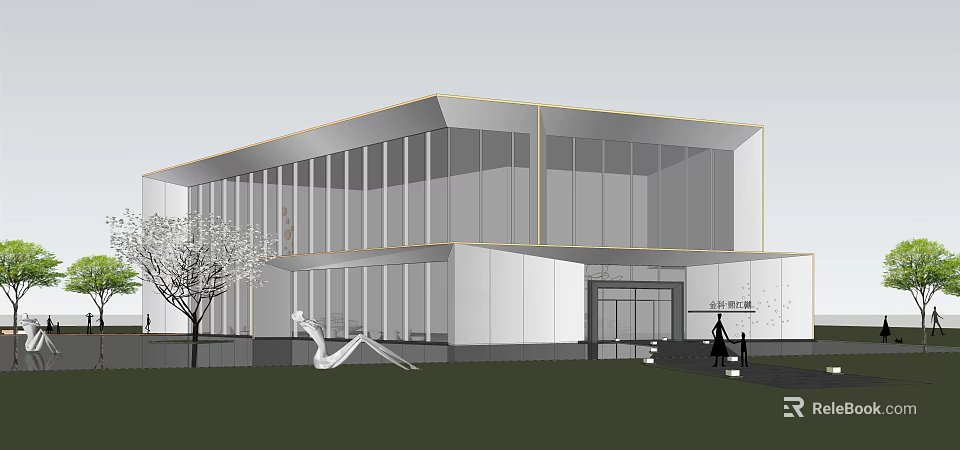 Modern Sales Office Building Architectural Design With Glass Facade White Exterior And Slide Structure 3d model 