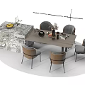 Modern Dining Table Set With Brown Gray Chairs And Marble Countertop Decorations 3d model