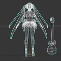 Anime Game Character With Blue Twin Ponytails White And Blue Outfit And Red Electric Guitar