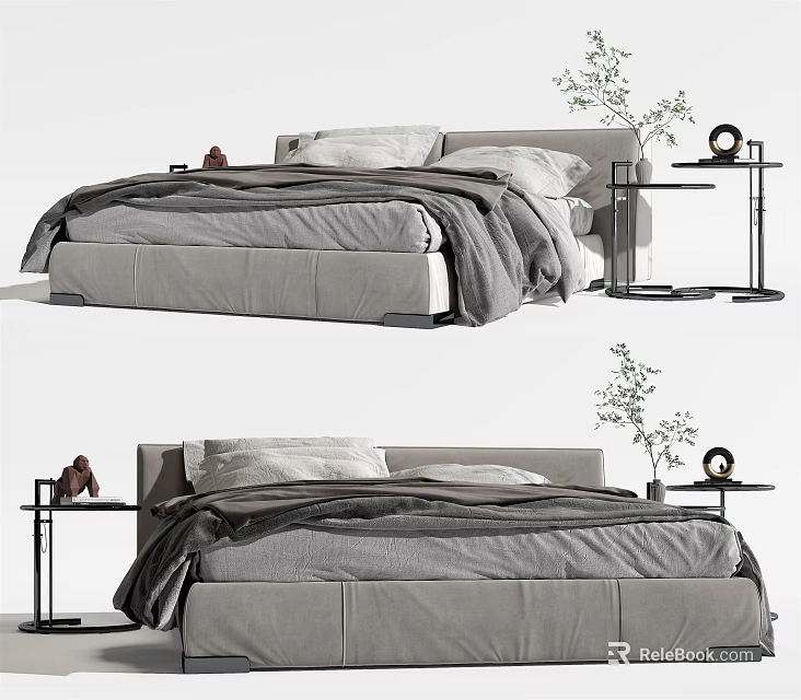 Elegant Modern Double Bed Interior With Gray Bedding Pillows Bedside Tables And Plants 3d model 