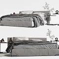 Elegant Modern Double Bed Interior With Gray Bedding Pillows Bedside Tables And Plants
