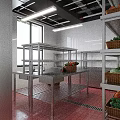 Restaurant Kitchen Interior with Stainless Steel Worktables Fresh Ingredients Red Tiled Flooring and White Walls