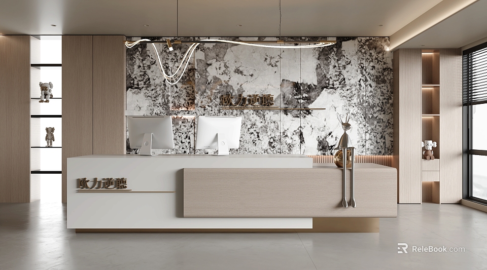 Elegant Modern Reception Interior With Marble Desk And Textured Background Wall 3d model 