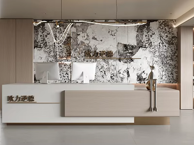 Elegant Modern Reception Interior With Marble Desk And Textured Background Wall 3d model