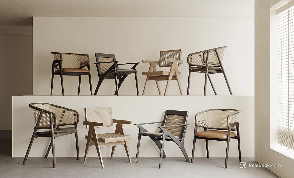 Modern Single Chair Collection With Wooden Frames Rattan Details And Comfortable Seats 3d model 