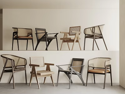 Modern Single Chair Collection With Wooden Frames Rattan Details And Comfortable Seats 3d model