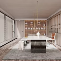 Modern Tea Room Interior With Wooden Shelves Long Table And Natural Light
