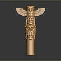 Golden Totem Pole Sculpture With Eagle Wings And Multiple Facial Carvings