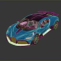 Blue Bugatti Sports Car with Black Roof Rear Spoiler and Streamlined Design